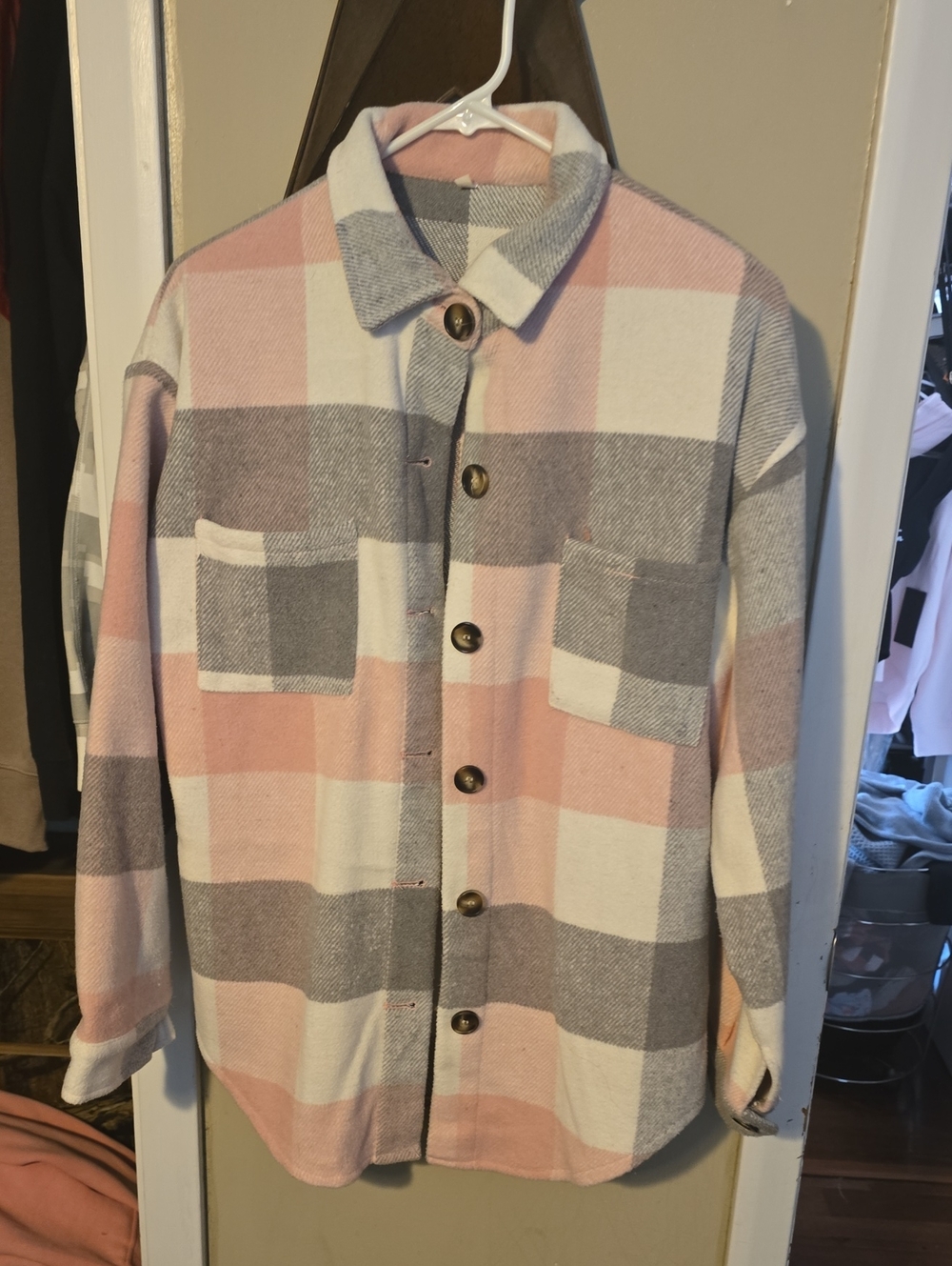 Free People Pink, Gray & Cream Plaid Pea Coat New Size Medium